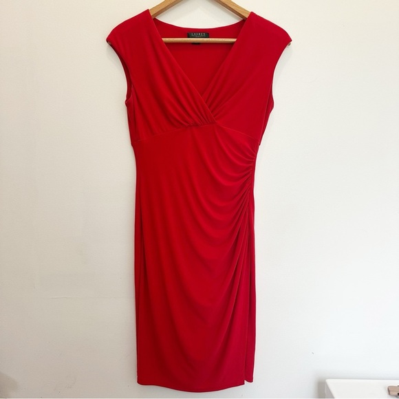 Lauren Ralph Lauren Adara Dress Red Size 6 Wrap Crepe Flowy V Neck Short Formal - Picture 6 of 10